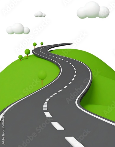 Winding road ascends a green hill, dotted with small trees and fluffy clouds in a cartoonish style