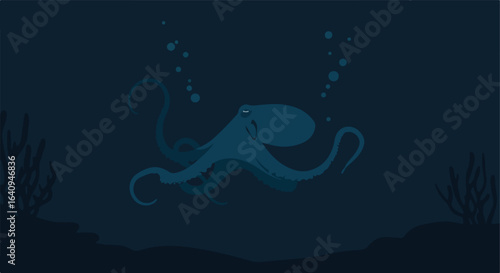 Octopus in the deep sea, silhouette, vector art, dark blue & bubbles