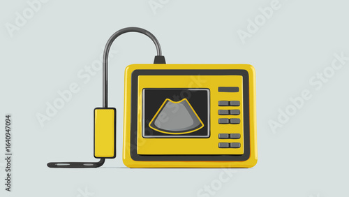 A yellow ultrasound machine with a black probe and screen displaying an image on a light background