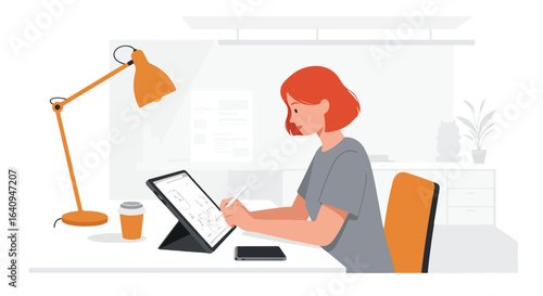 Red-haired woman drawing on a tablet, an orange lamp, coffee and phone on desk