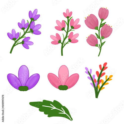 This cute cartoon style flower set includes colorful flowers, leaves and branches. Perfect for stickers, greeting cards, fabric patterns, digital art and decorative designs.
