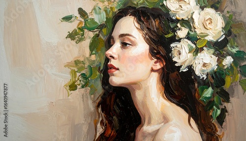 A portrait of a woman with a floral crown.