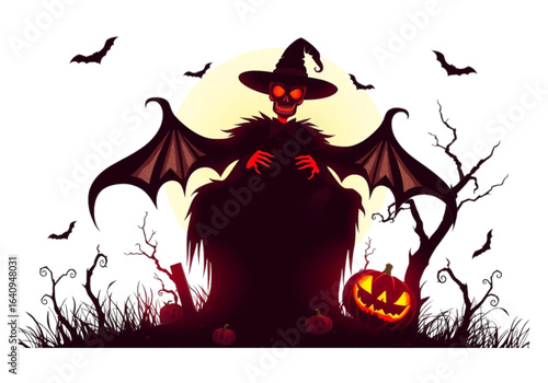 Captivating and Creepy: This New Halloween Day Silhouette Vector Illustration Features a Dangerous Witch with Impressive Bat Wings on a Transparent Background.
