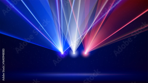 Laser france flag. French colorful laser light show on dark blue background. Banner, poster for the national holiday of France. 14 july bastille day. Vector template