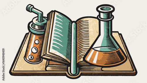 Illustration of an open book with a flask and a retort on top representing science studies