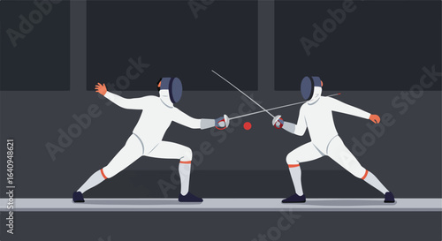 Two fencers in white suits competing with swords in a dark environment