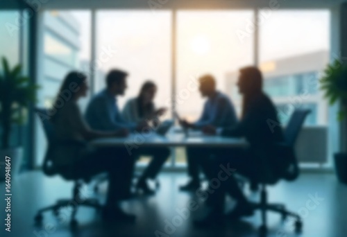 Generative AI depicts an indistinct business team meeting in a sunlit office environment