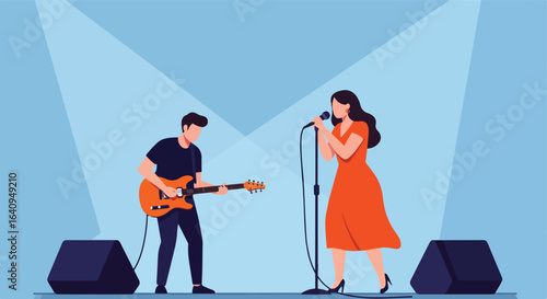 Musicians on stage female vocalist with guitarist, light blue background, concert scene
