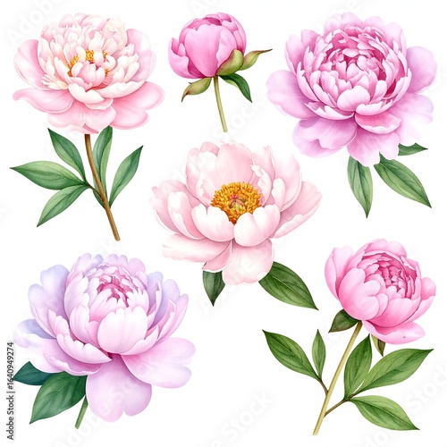 Fototapeta Naklejka Na Ścianę i Meble -  Watercolor painting of various pink and light purple peonies in bloom