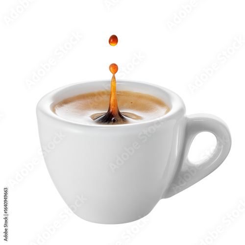 Coffee splash with drop inside small ceramic espresso cup isolated on white background