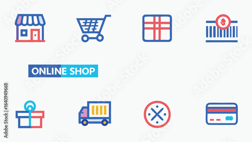 Illustration showing icons representing online shopping elements such as store cart and delivery truck