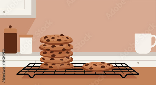 Freshly baked chocolate chip cookies stacked on a cooling rack in the kitchen