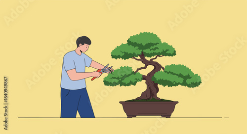 Trimming bonsai. Man cares for small tree in pot with gardening shears for pruning