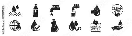 Set of eco-friendly water icons: pure drinking, liquid, faucet, hygiene, vector symbols, wellness, cycle, refill, health, and more, on transparent background.
