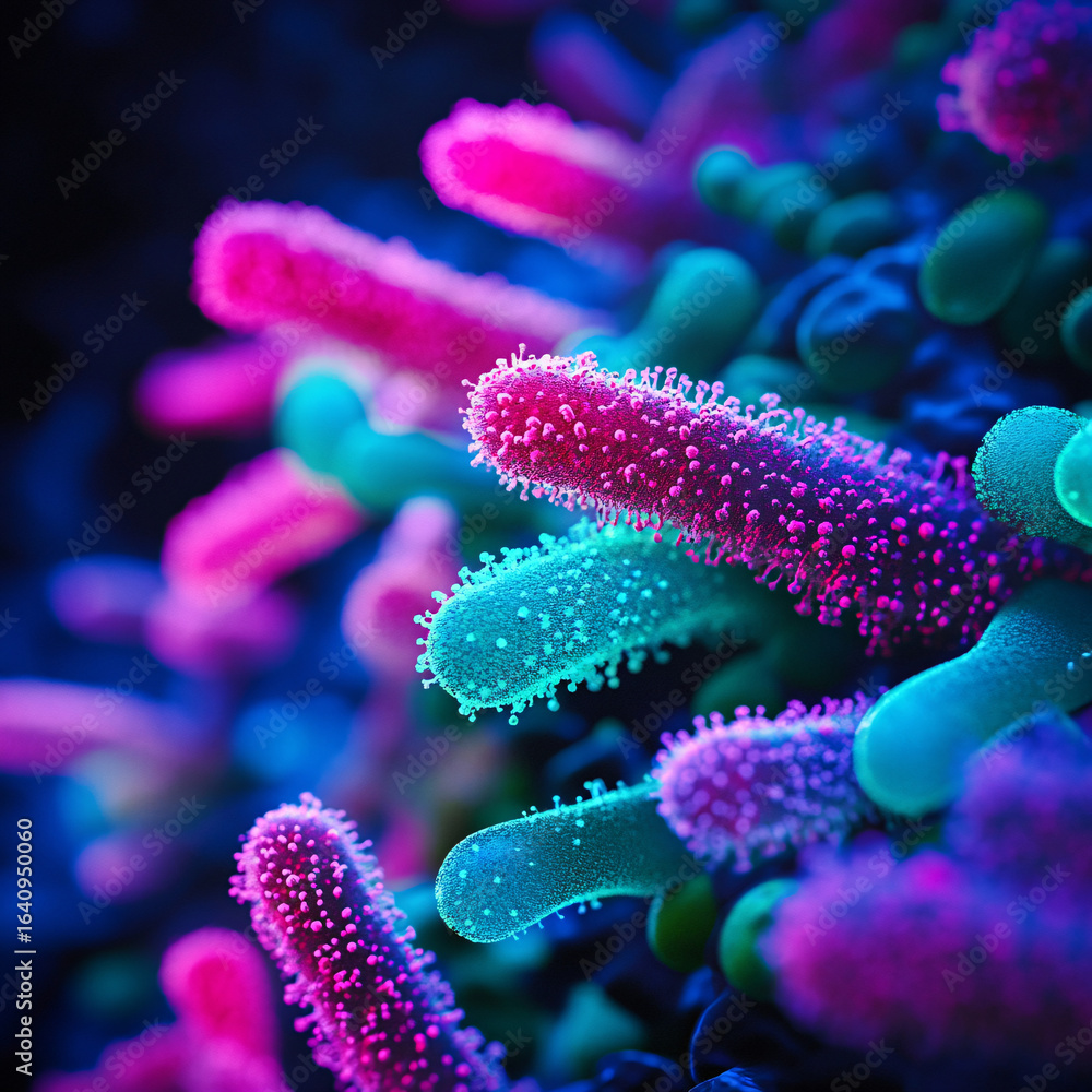 Naklejka premium Microscopic Close-Up of Colorful Bacteria or Microorganisms in Pink, Blue, and Green Neon Colors 