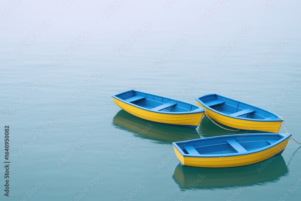 Naklejka premium Three Small Rowing Boats Floating on Calm Water, Featuring Blue and Yellow Colors with Soft Light