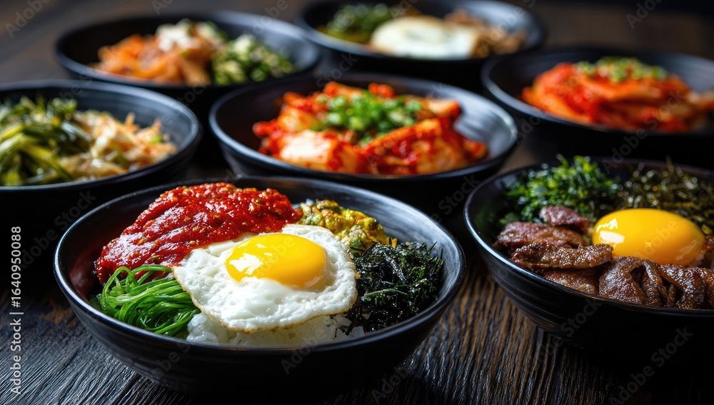 Multiple bowls of Korean bibimbap, showcasing various ingredients like rice, vegetables, meat, and egg