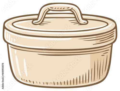 Earthenware Beige Cooking Pot or Casserole Dish with a Lid and Handle Illustration