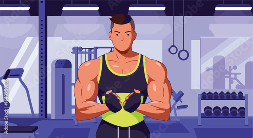 Animated man with muscles in a gym with weights, equipment, and gym rings nearby