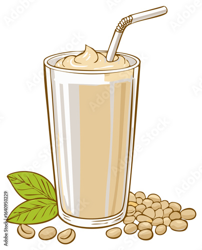 A healthy plant based soy milk smoothie in a glass with soybeans and a straw