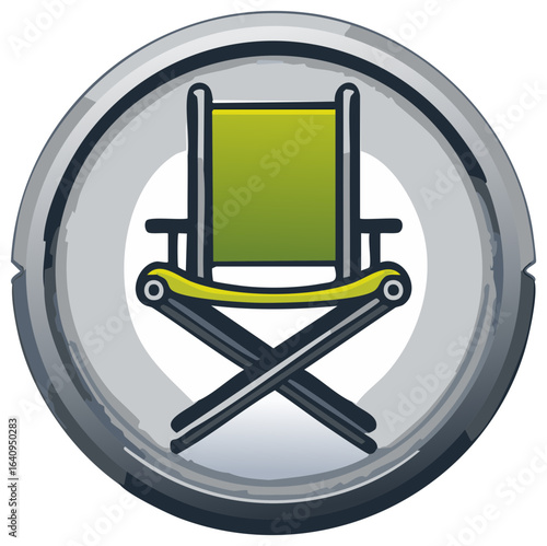 Stylized director's chair icon in a round metallic badge for film, cinema, and entertainment concepts