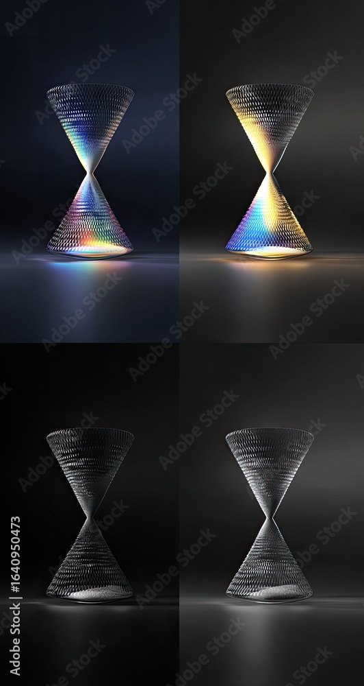 Fototapeta premium Four variations of a glass hourglass, each with a unique light reflection and color gradient