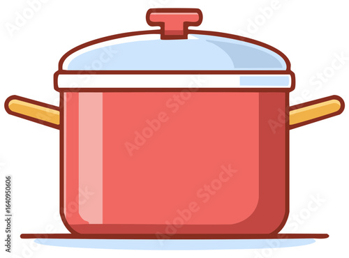 Red cooking pot with glass lid and yellow handles isolated on white background flat illustration