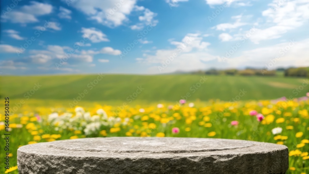 Obraz premium Spring landscape with stone podium — colorful meadow and blue sky background for product presentation 