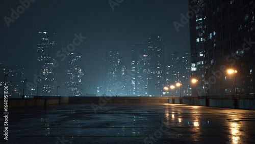 Empty rooftop parking lot at night in a misty city