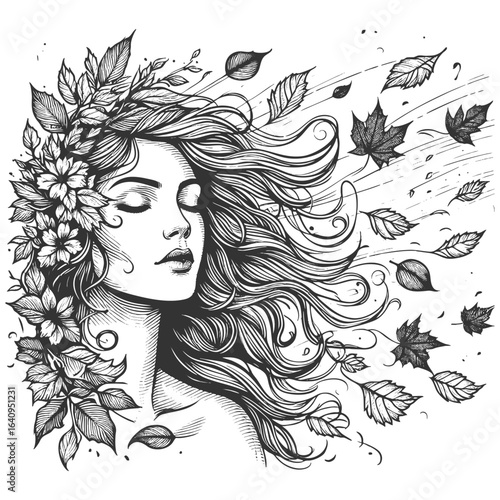 serene woman with flowing hair and leaves, evoking nature, fantasy, and seasonal transformation sketch engraving generative ai fictional character vector illustration. Scratch board. Black and white.