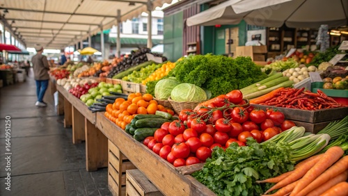 Vibrant display of organic vegetables at a bustling farmer's market in the afternoon sun