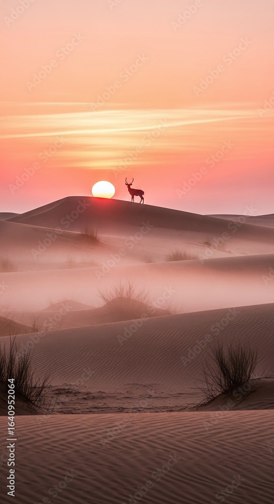 Majestic Deer Silhouette Against the Rising Sun in the Serene Desert Landscape Breathtaking Desert Sunrise with a Solitary Deer on a Dune Majestic Deer Silhouette Against the Rising Sun in the Serene Desert Landscape Breathtaking Desert Sunrise with a Solitary Deer on a Dune