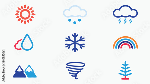Weather icons depicting sun cloud rain snowflake rainbow tornado mountains and tree displayed nicely