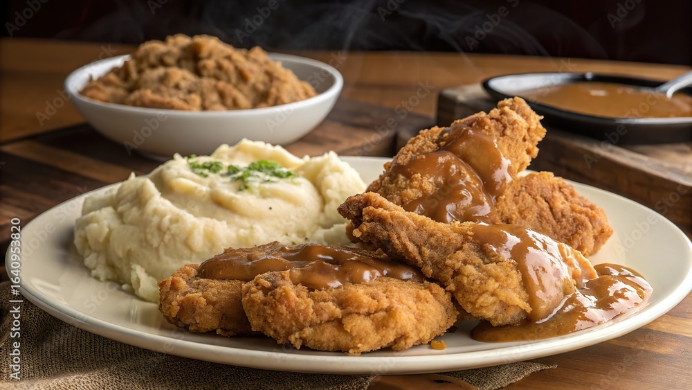 Crispy fried chicken served with creamy mashed potatoes and savory gravy in a cozy dining setting Crispy fried chicken served with creamy mashed potatoes and savory gravy in a cozy dining setting