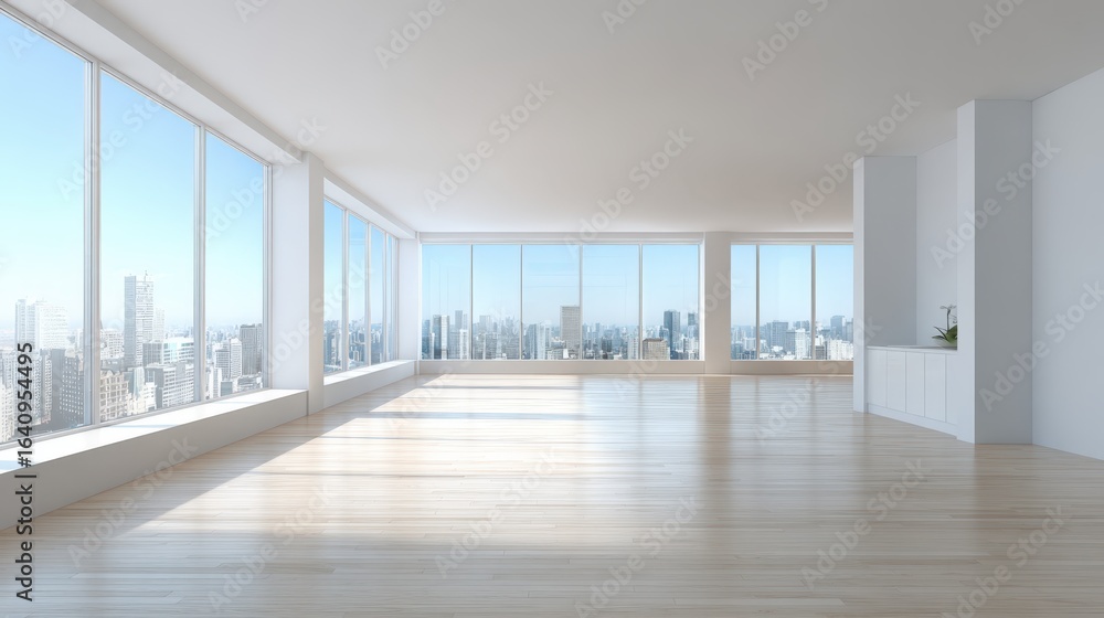 Fototapeta premium Modern Empty Apartment Interior with Large Windows Overlooking Cityscape, Ready for Design and Customization