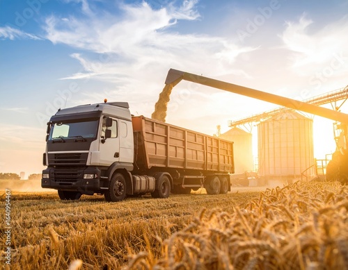 Agricultural truck transporting harvested grain from field to storage facility during sunset, showcasing farming equipment and golden wheat landscape with dramatic sky