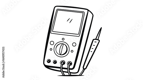  multimeter with probes and a screen in black and white outline style drawing