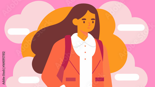 Flat vector illustration of a confident woman in a red jacket, representing leadership, empowerment, and professional success.