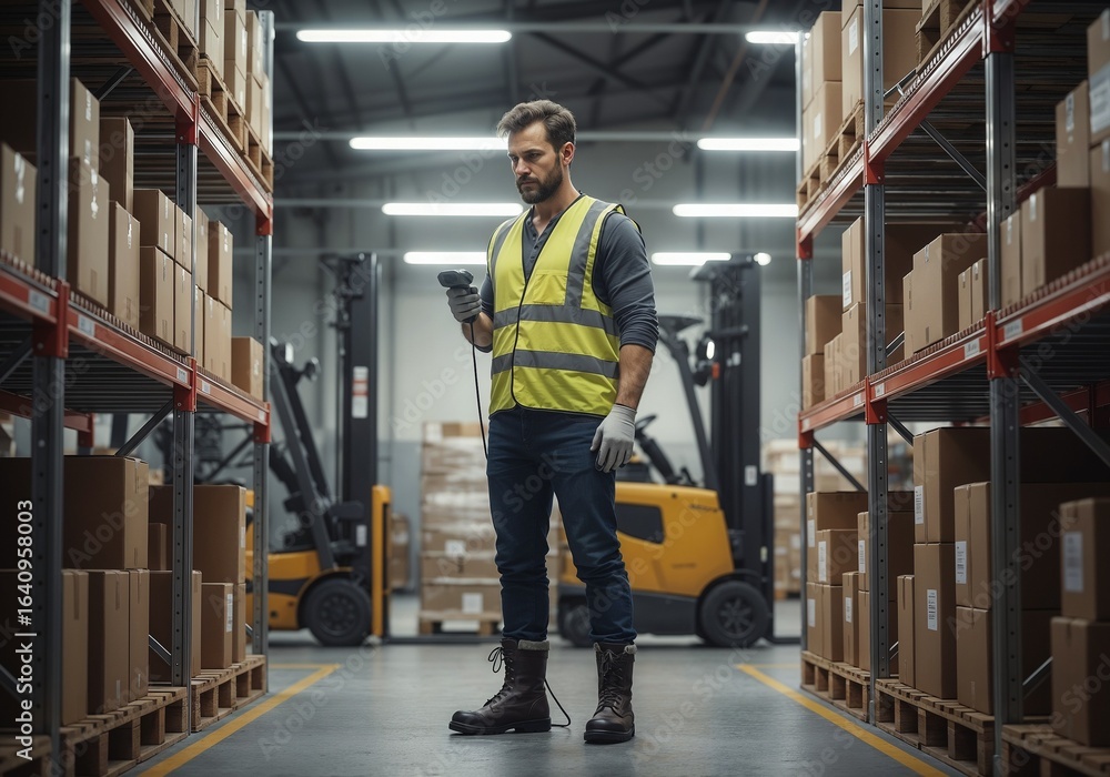 Obraz premium Warehouse worker checks inventory with scanner while standing between shelves stacked with boxes during daytime