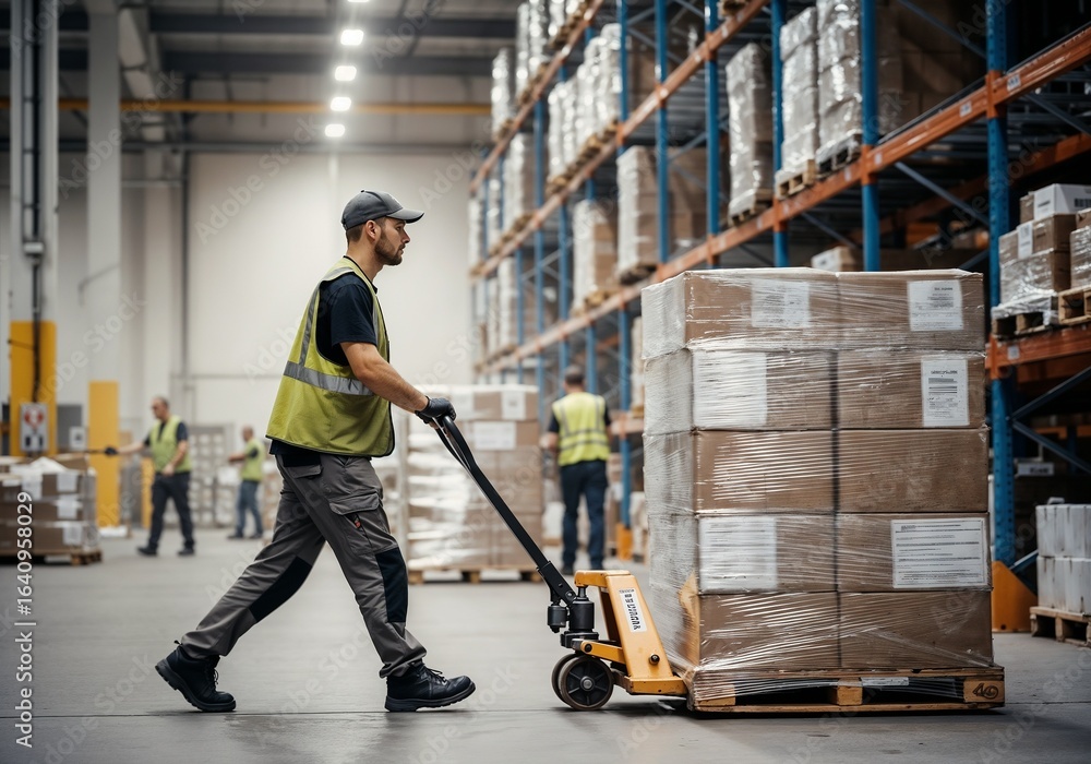 Obraz premium Warehouse workers moving pallets of cardboard boxes with a hand pallet truck during a busy day in a distribution center