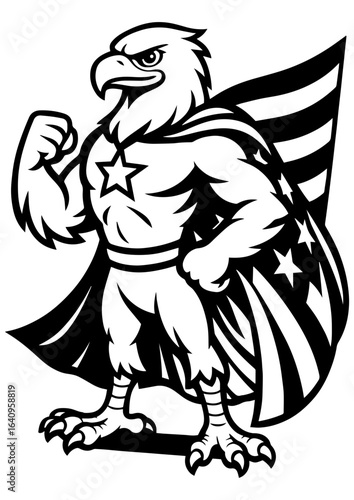 Black and white vector cartoon superhero eagle with American flag shield, ideal for engraving, tattoo, prints, patriotic and creative projects