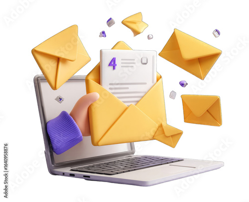Hand holding a yellow envelope with a document,  surrounded by other envelopes,  over a laptop