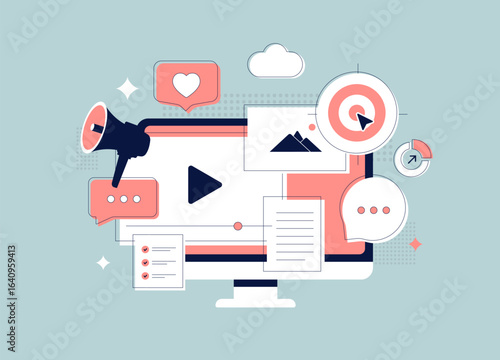 Content marketing campaign illustration with computer, target, megaphone and media icons. Content marketing campaign concept for SEO, social media, online advertising and brand promotion design