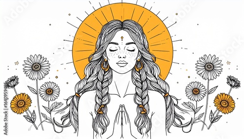 A woman meditating and doing yoga under the sun, artistic minimal drawing.