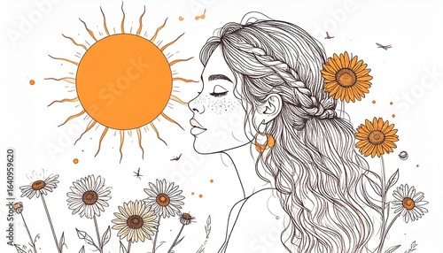 A woman meditating and doing yoga under the sun, artistic minimal drawing.