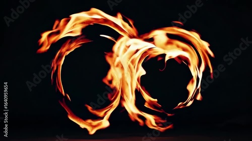 Twin Spiral Flames — Two spiraling streams of bright orange fire twisting around each other, vivid glowing edges, isolated on black background, cinematic close-up