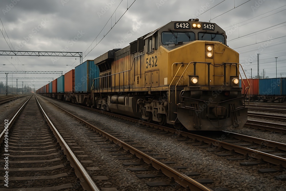 Obraz premium Freight train with cargo containers on railway tracks.