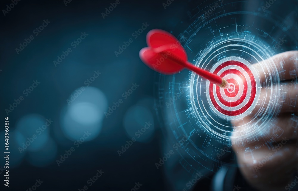 Fototapeta premium Hand aiming dart at target, digital overlay