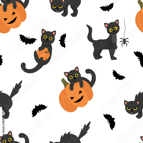 Wallpaper Mural Seamless Pattern with Halloween Black Cats and Pumpkins Torontodigital.ca