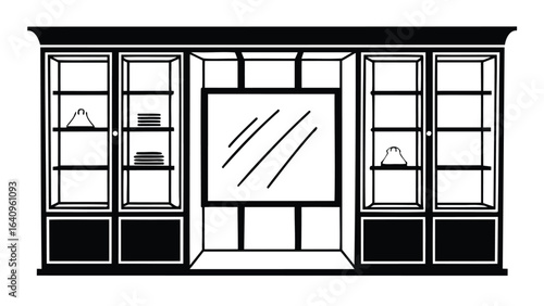  built in cabinet with glass doors and shelves displaying items in black and white